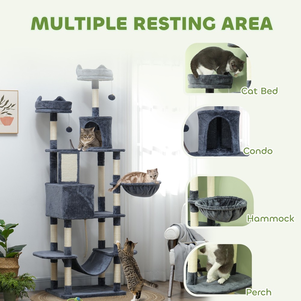 81" Cat Tree w/ Cat Scratching Posts, Scratching Board, Condos, Beds