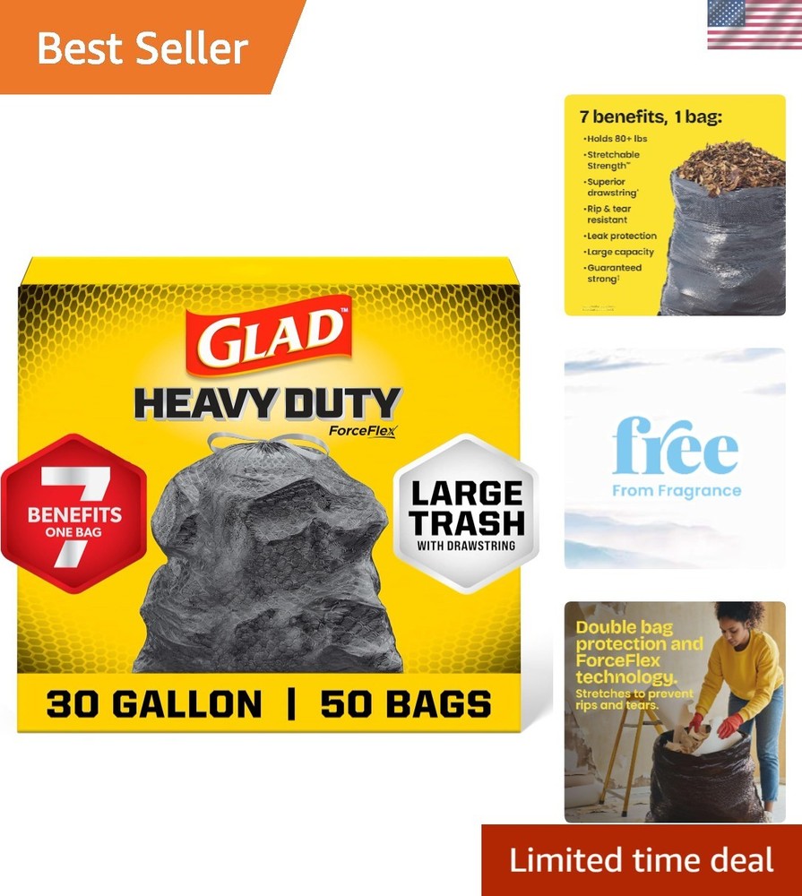 ForceFlex 30 Gallon Trash Bags, 50 Count – Unscented & Durable Drawstring Design