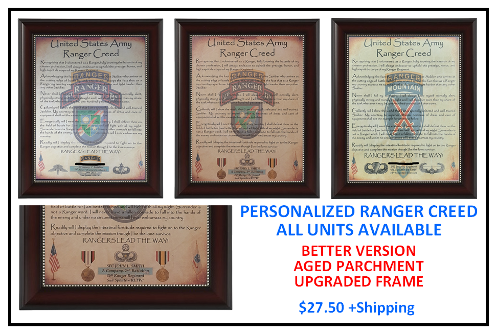 MC-NICE: ARMY Ranger Creed ALL UNITS Framed PERSONALIZED