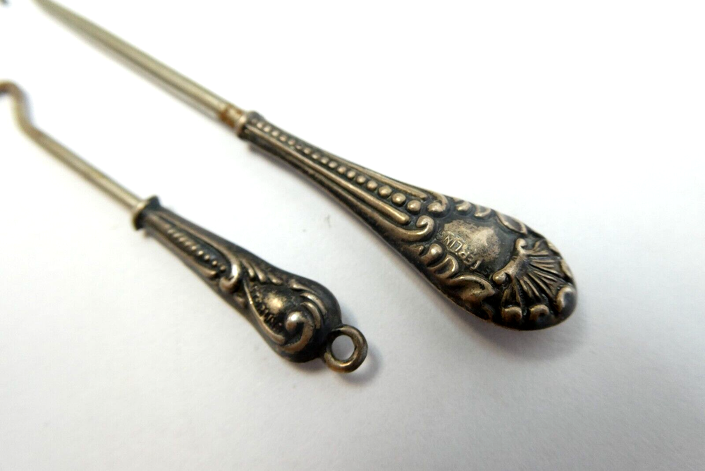 Two Small Button Hooks Sterling Silver Handles Victorian Miniature Mini