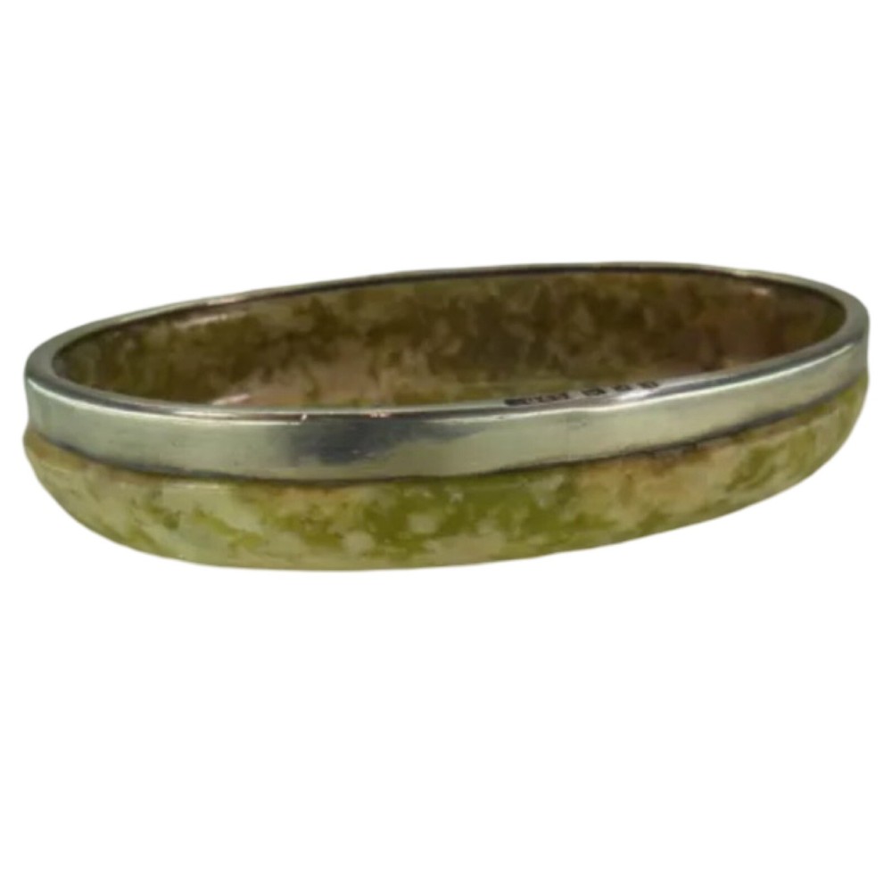 Solid Silver Mounted Serpentine Hardstone Pin Dish, Birmingham 1920 (F????)