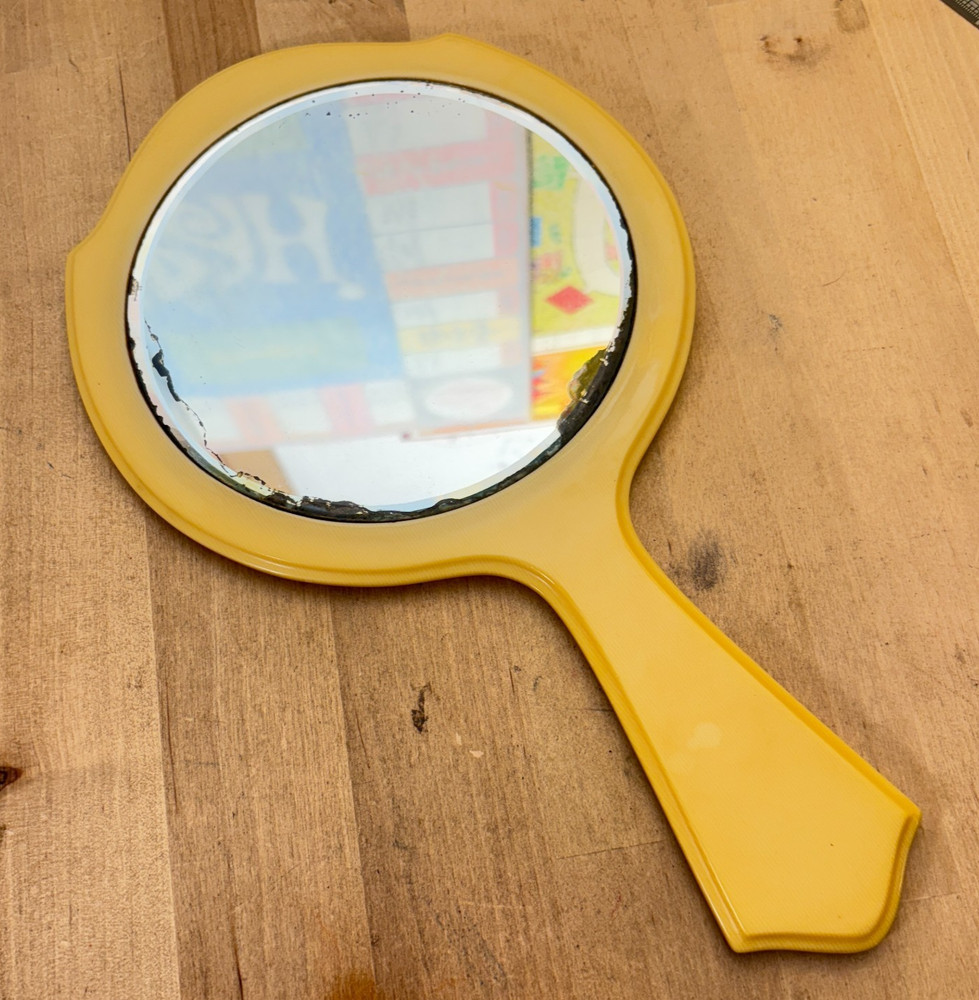 Vintage Celluloid Vanity Hand Mirror w Initial "M", 12"l