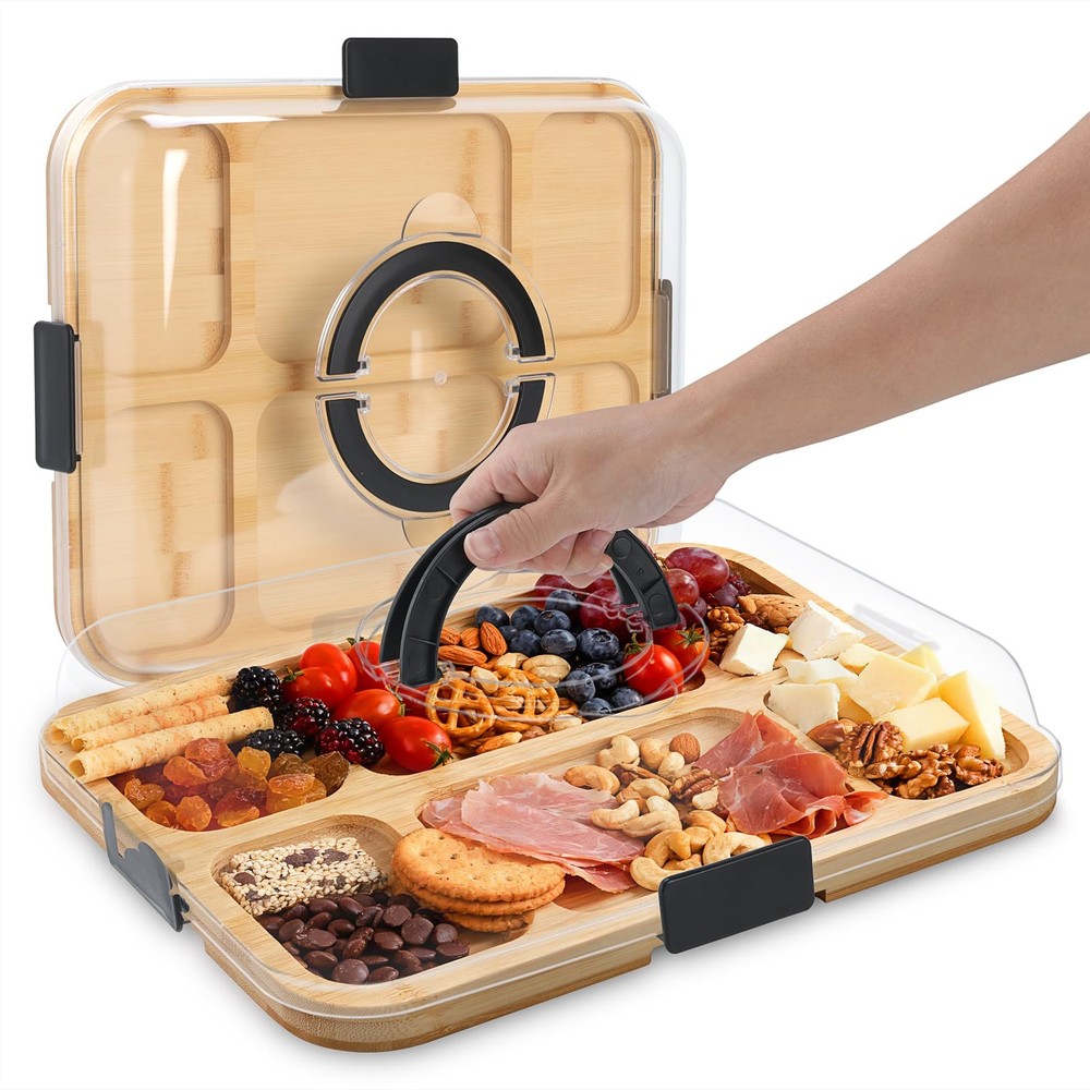 Bamboo Charcuterie Boards with Lid, Travel Portable Cheese Board & Serving Tr...