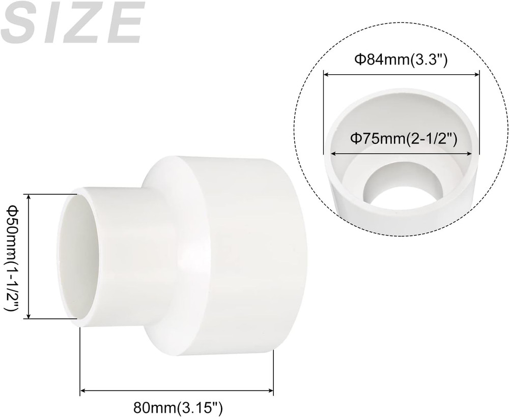 PVC Duct Reducer (2-1/2 to 1-1/2 Inch) Pipe Increaser White