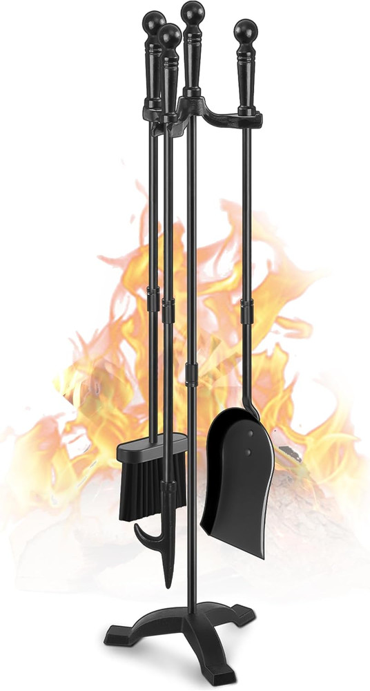Fireplace Tools, Set 4 Pcs 30 Inch Black Wrought Iron, Large Fire Tool Set