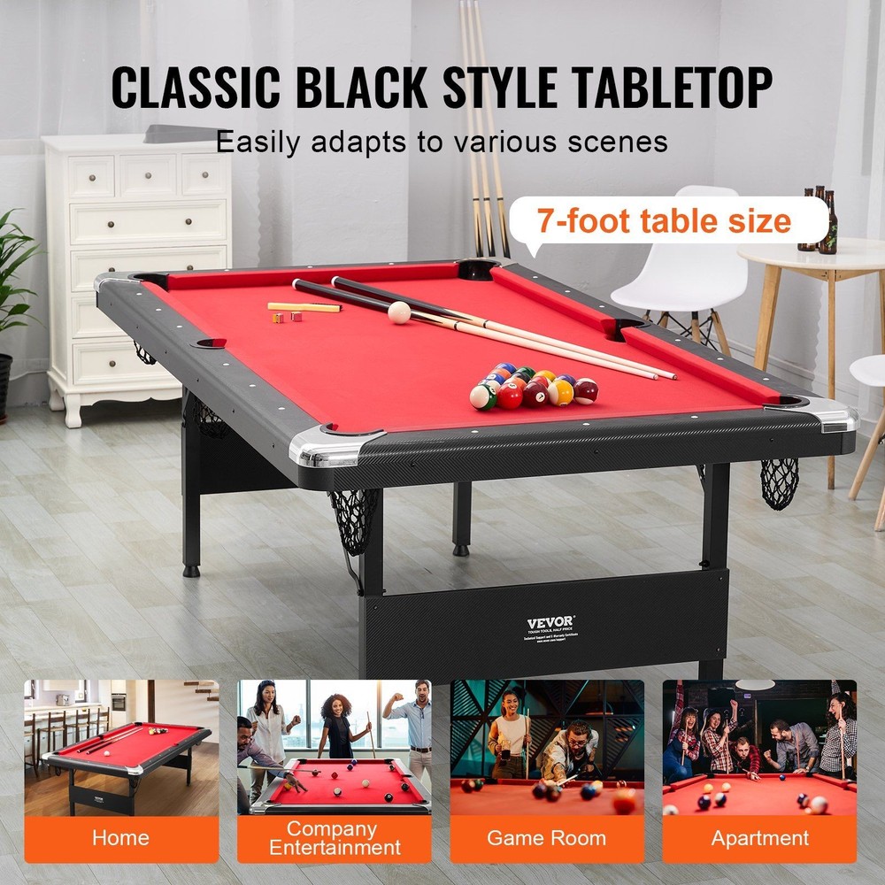 7ft Foldable Billiards Table Space-Saving MDF+Iron Frame Black Red Cloth