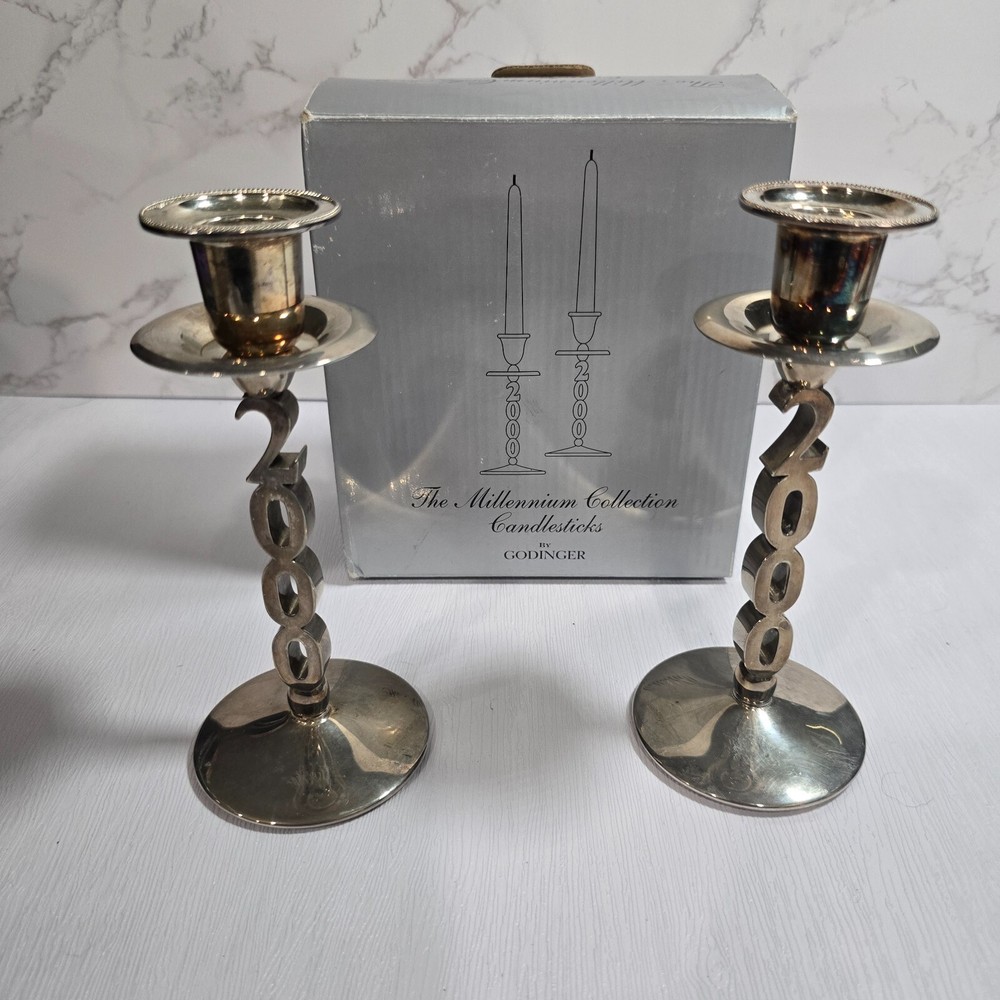 Godinger Silverplate Pair Of 2000 Millennium Candlesticks