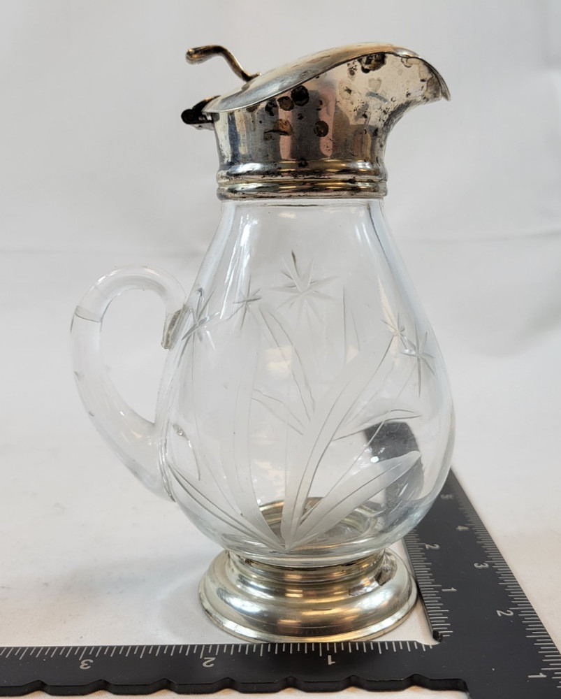 Vintage Sterling Silver Cut Glass Syrup Pitcher