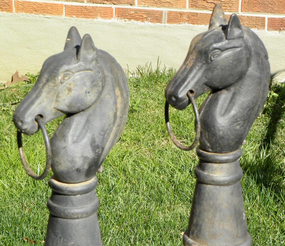 TWO Matching Authentic 42" Cast Iron HORSE HEAD Hitching Posts w/ 8-Sided Base