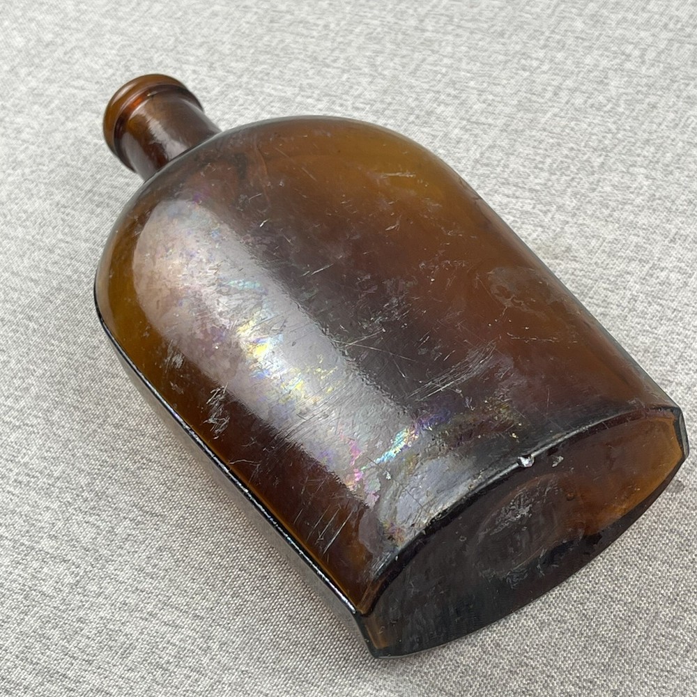 Amber Strap Side Whiskey Flask "194" Embossed Base