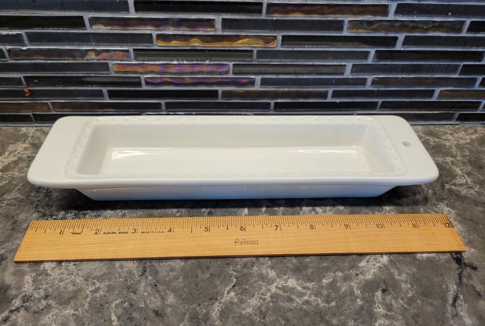 NORA FLEMING STONEWARE CRACKER TRAY 12" WHITE PEARL DOT RECTANGLE SERVING DISH