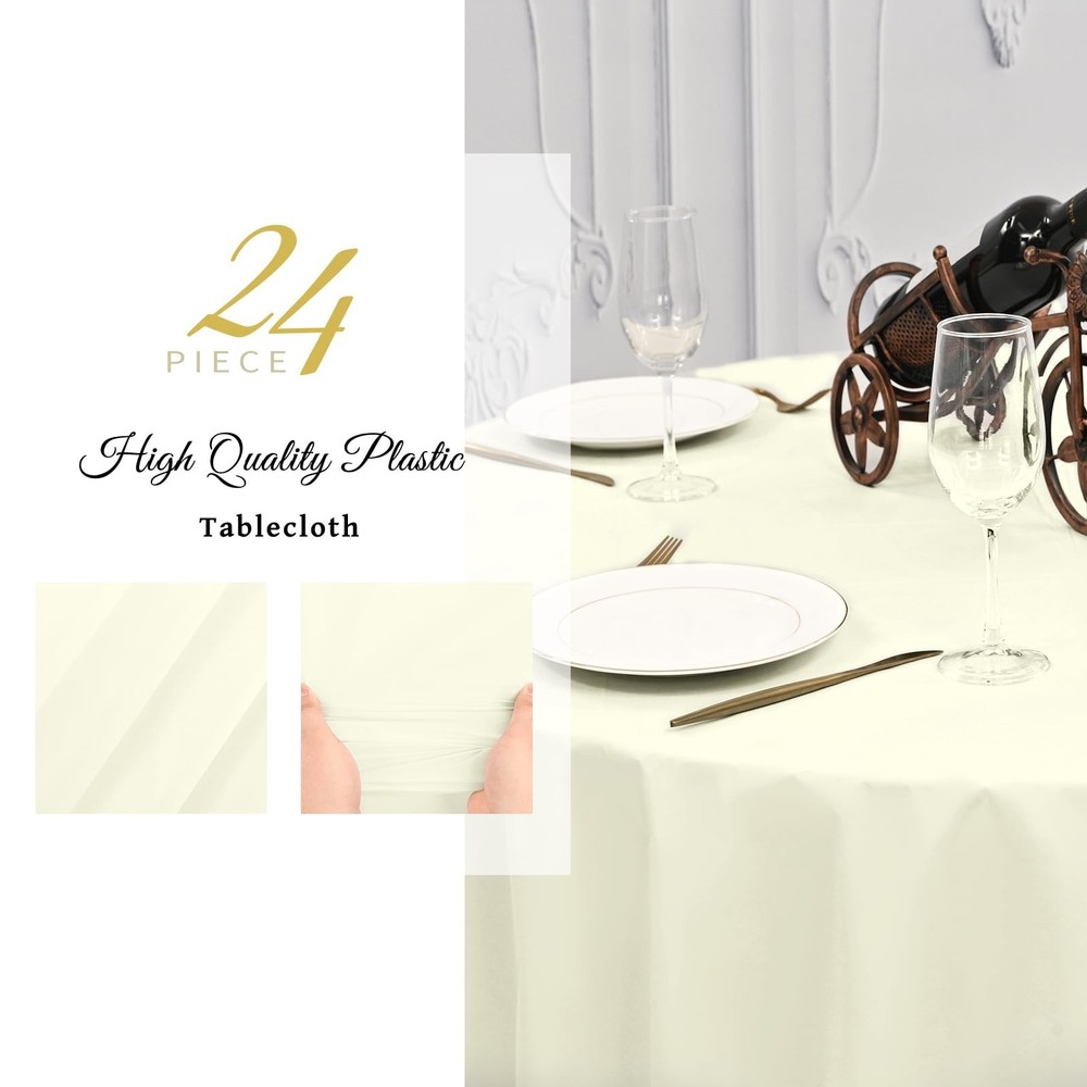 YMHPRIDE 24 Pack Plastic Table Cloth Disposable, 96 Inch Ivory Disposable Tab...