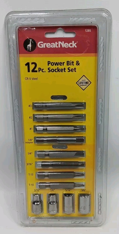 GREAT NECK 12PC. POWER BIT & SOCKET SET CR-V STEEL/CHROME PLATED SAE