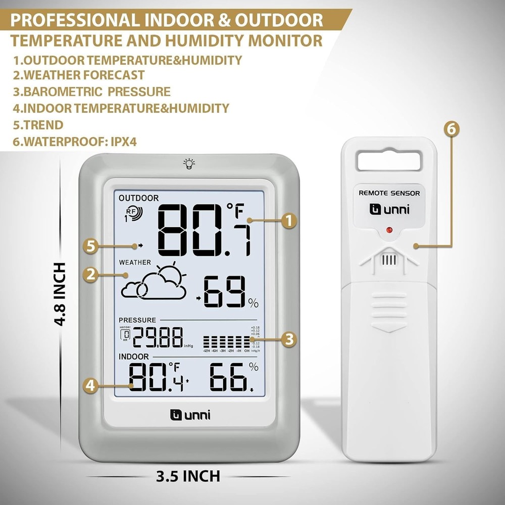 Wireless Weather Station with 330ft Range Sensor and Adjustable Backlight White