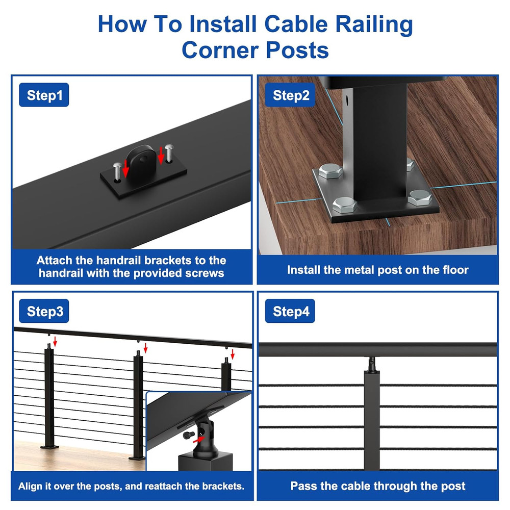 36" Black Cable Railing Post Kit - Adjustable Surface Mount, 2 Level Posts
