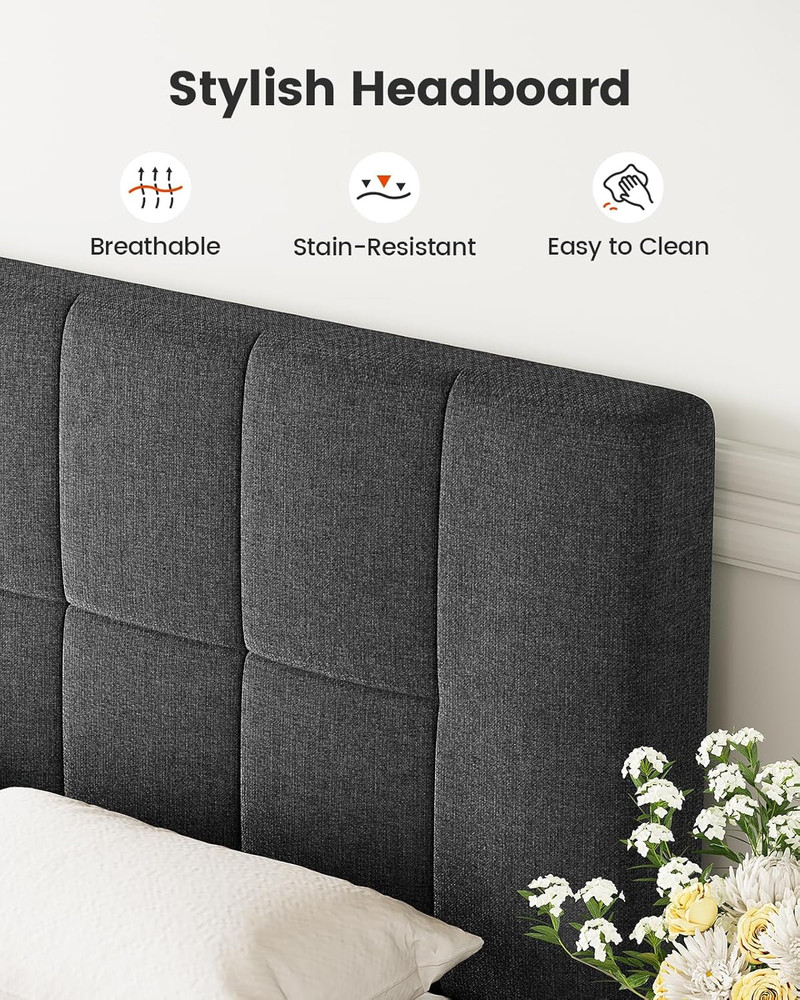 Amada Queen Bed Frame with 12 Thickened Legs & Adjustable Fabric Upholstered Hea