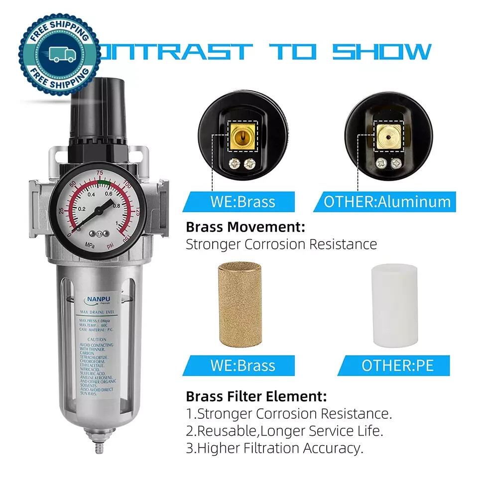 1/2" NPT Compressed Air Filter Regulator Combo, Air Filter Pressure Regulator Ga