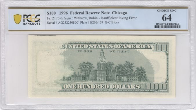1996 $100 Small Size Federal Reserve Note, Insufficient Inking Error PCGS CU64