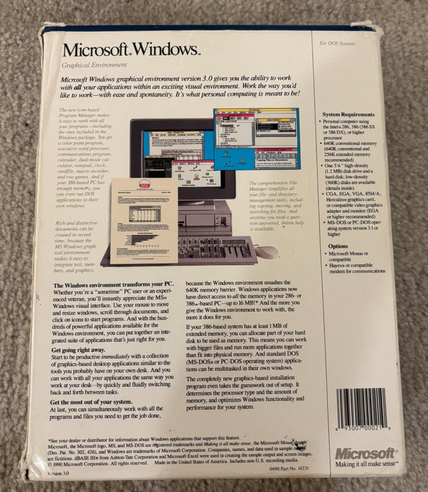 Microsoft Windows 3.0 - 1990 Original Big Box US Version 5.25" disks - READ