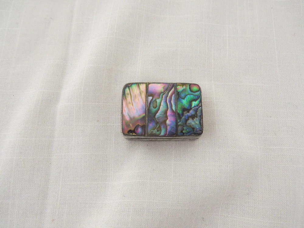 Vintage Mexican Sterling Silver Paua Abalone Pill Box Signed Eagle Mark 2 ELM