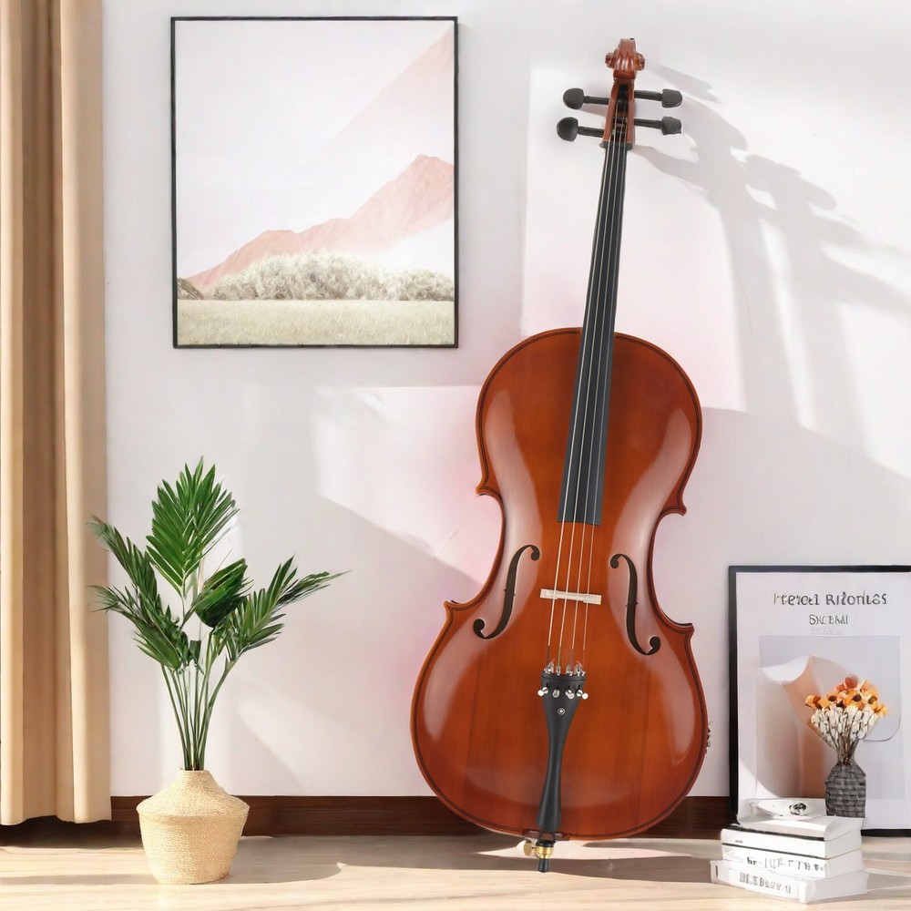 Full Size Natural 4/4 Acoustic Cello Set w/ Spruce Panel & Tiger Pattern Process