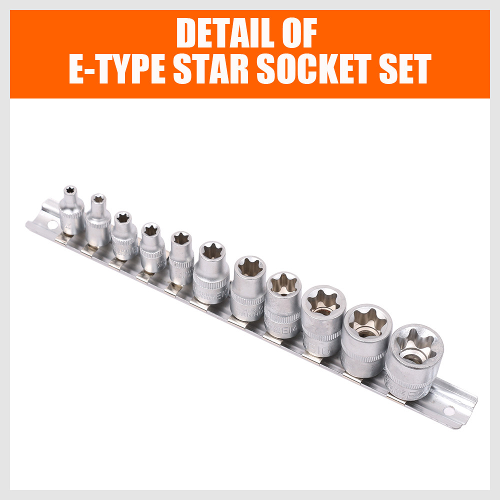 11 pc Torx Star Bit External Female E Socket Set Automotive Shop Tools with Rail