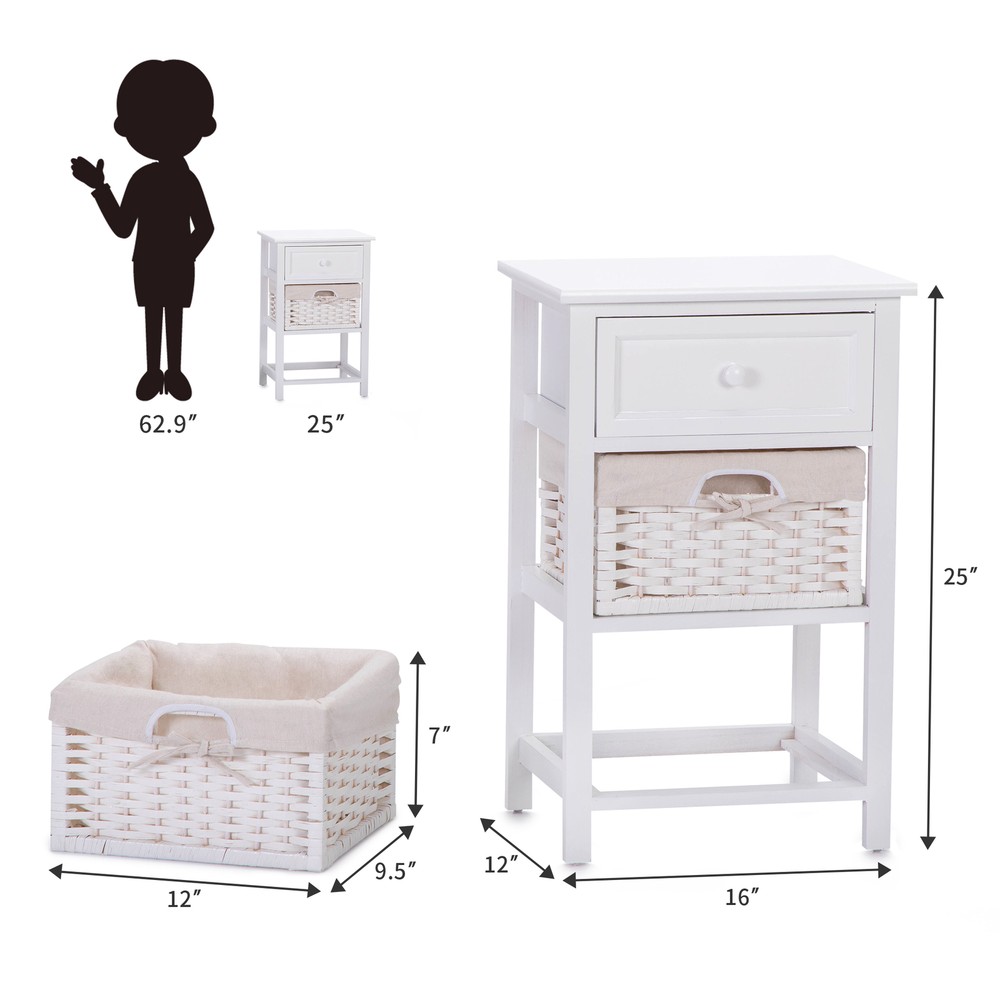 Bedside Table Modern End Table Tall Legs One Drawer Nightstand Baskets Storage