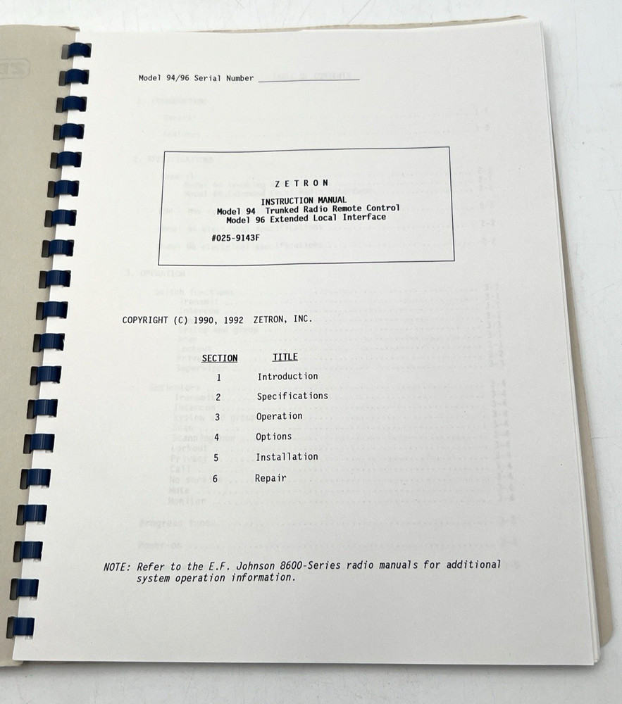 ZETRON MODEL 94 TRUNKED RADIO REMOTE CONTROL MODEL 96 EXTENDED LOCAL INTERFACE