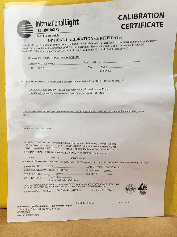 International Light Technologies XSD140B Low Profile UVA Sensor w/calib. cert