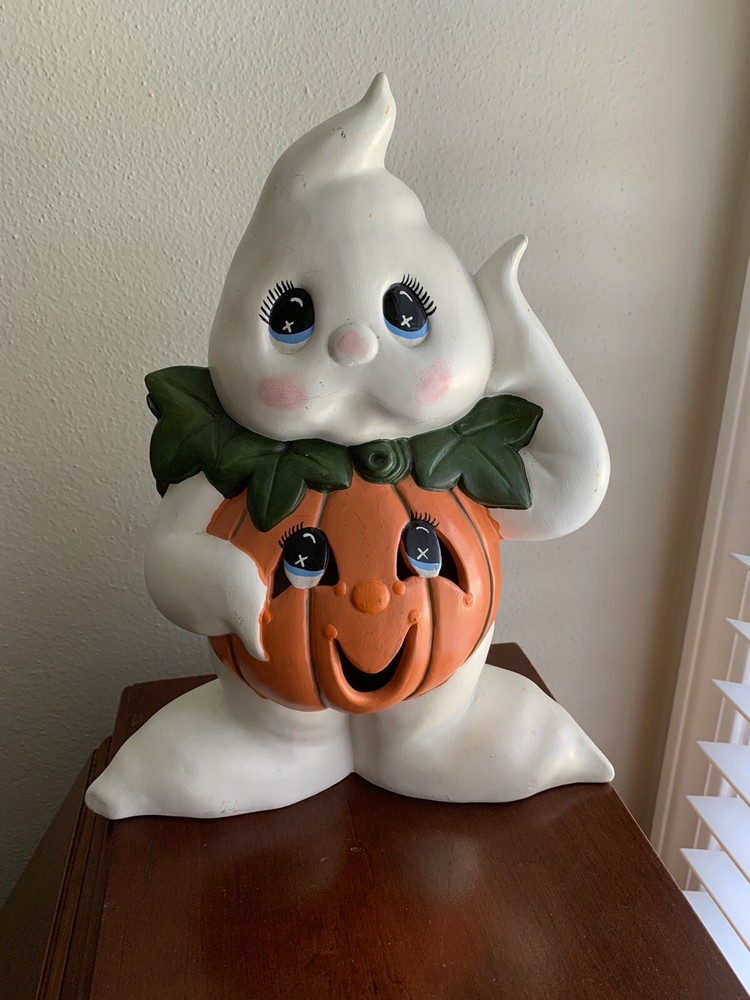 Vintage Halloween Ghost Pumpkin Ceramic Light Lighted Decorative Figure