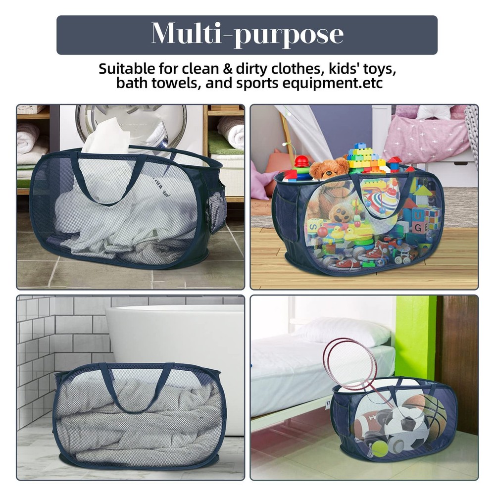 Durable Collapsible Laundry Baskets, Mesh Pop Up Laundry Hamper with Side Poc...