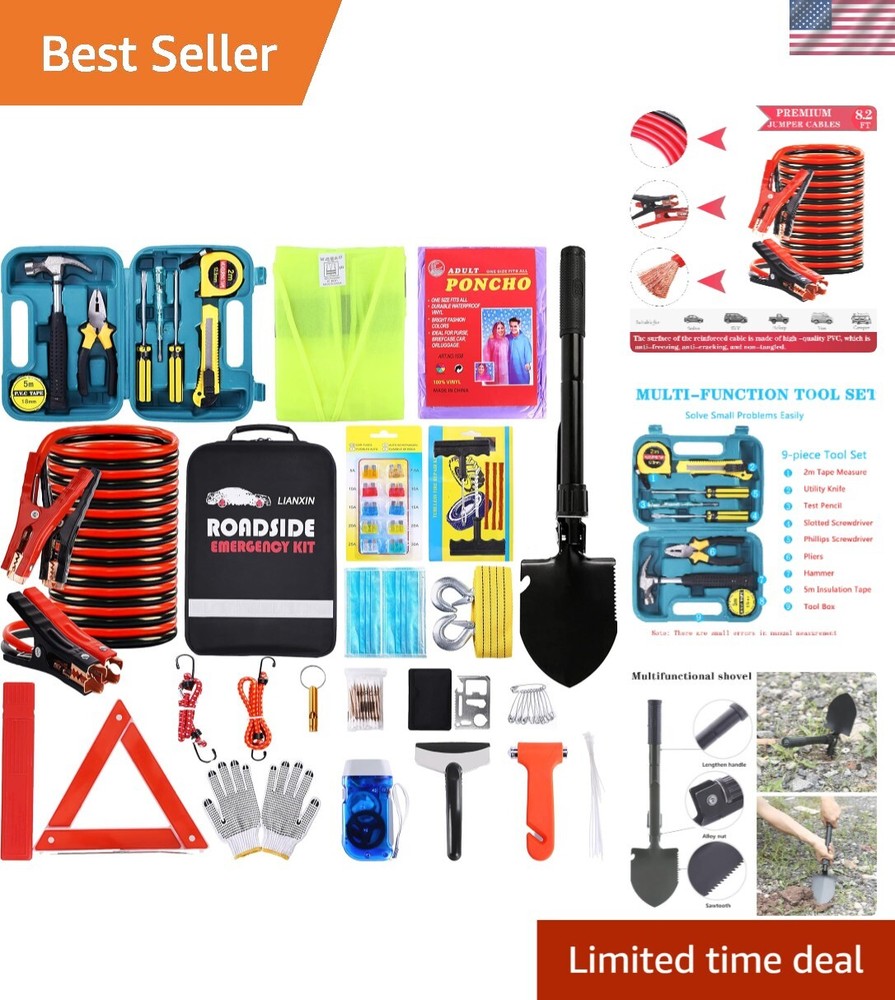 All-in-One Roadside Assistance Kit: Reflective Triangle, Tools & Jumper Cables