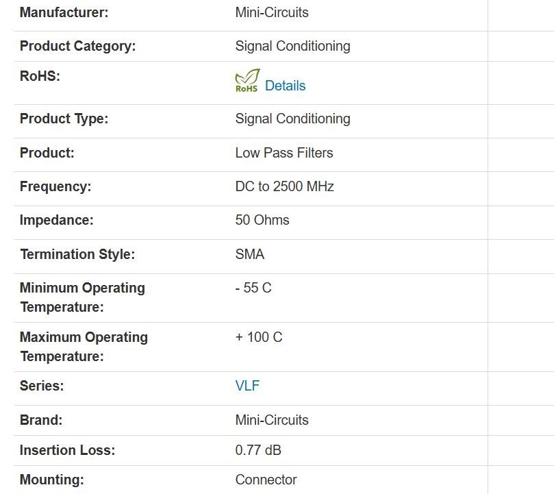 Mini-Circuits VLFV-2500+ Low Pass Filter 10-2500 MHz.
