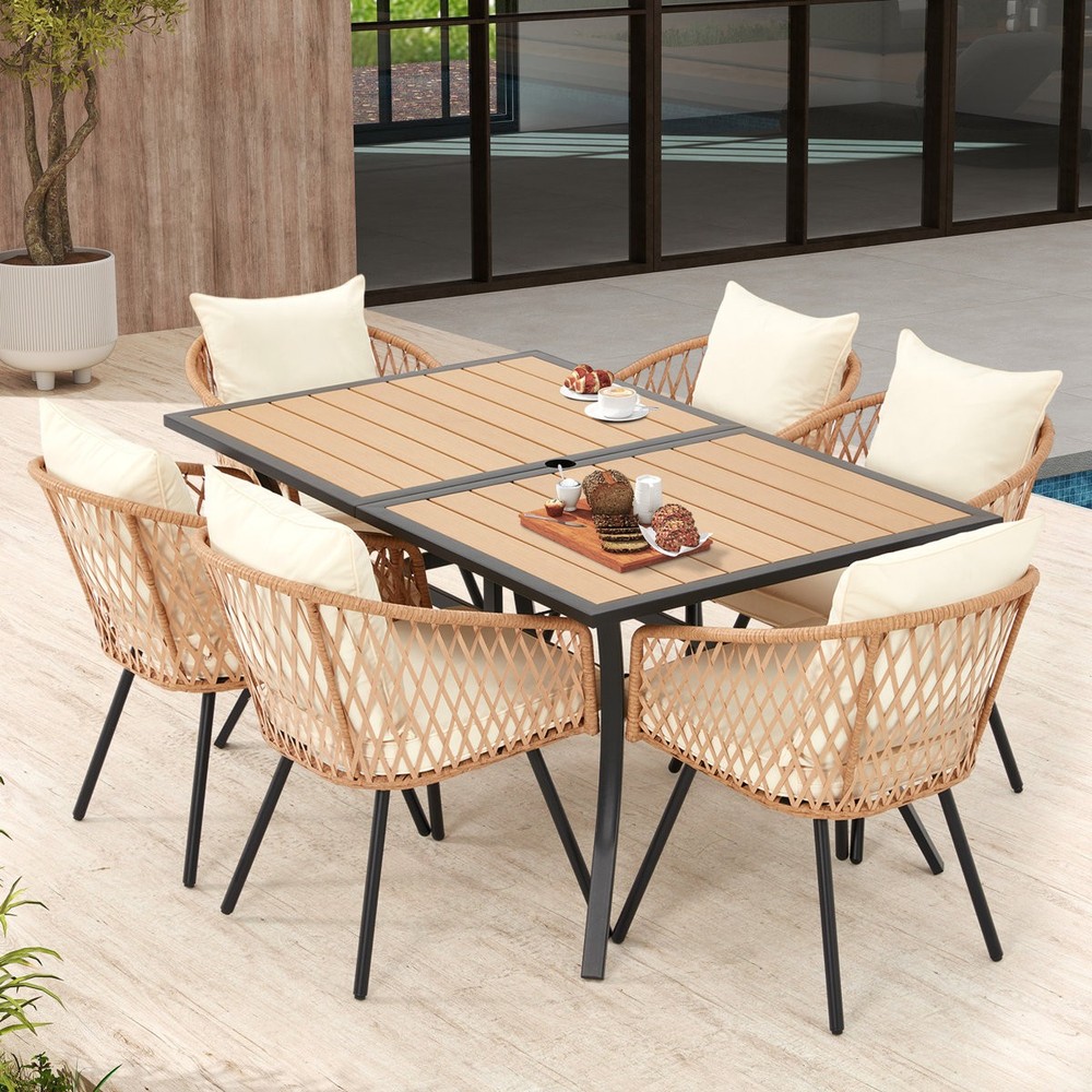 6 Rattan Chairs Outdoor Dining Set Rectangular Table for Garden Poolside
