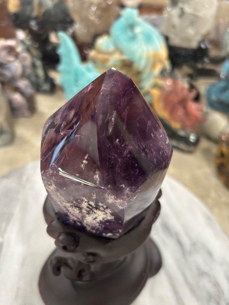 Amethyst quartz point with custom wood stand
