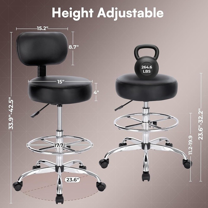Adjustable Height Drafting Stool Chair W/ Comfortable PVC Cushion & Stable Base