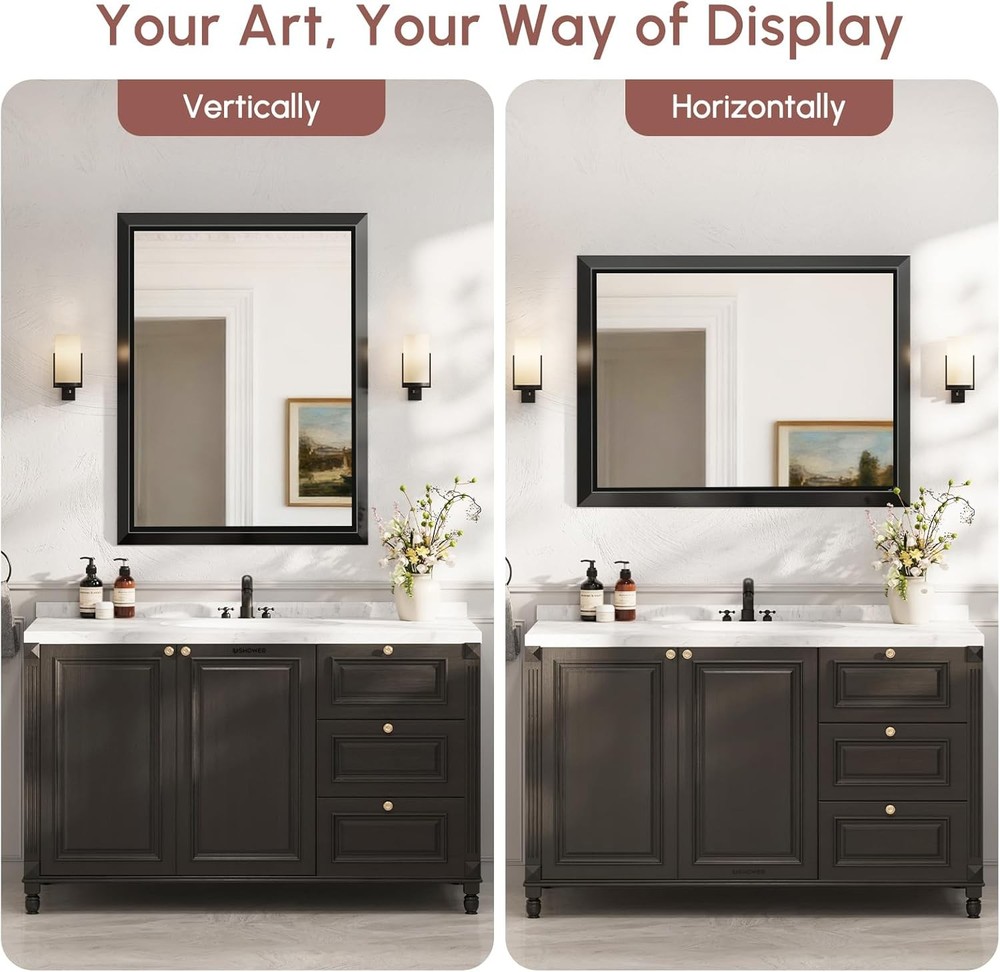 USHOWER 30x40 Rectangular Bathroom Mirror Black Aluminum Frame Beveled Mirror US