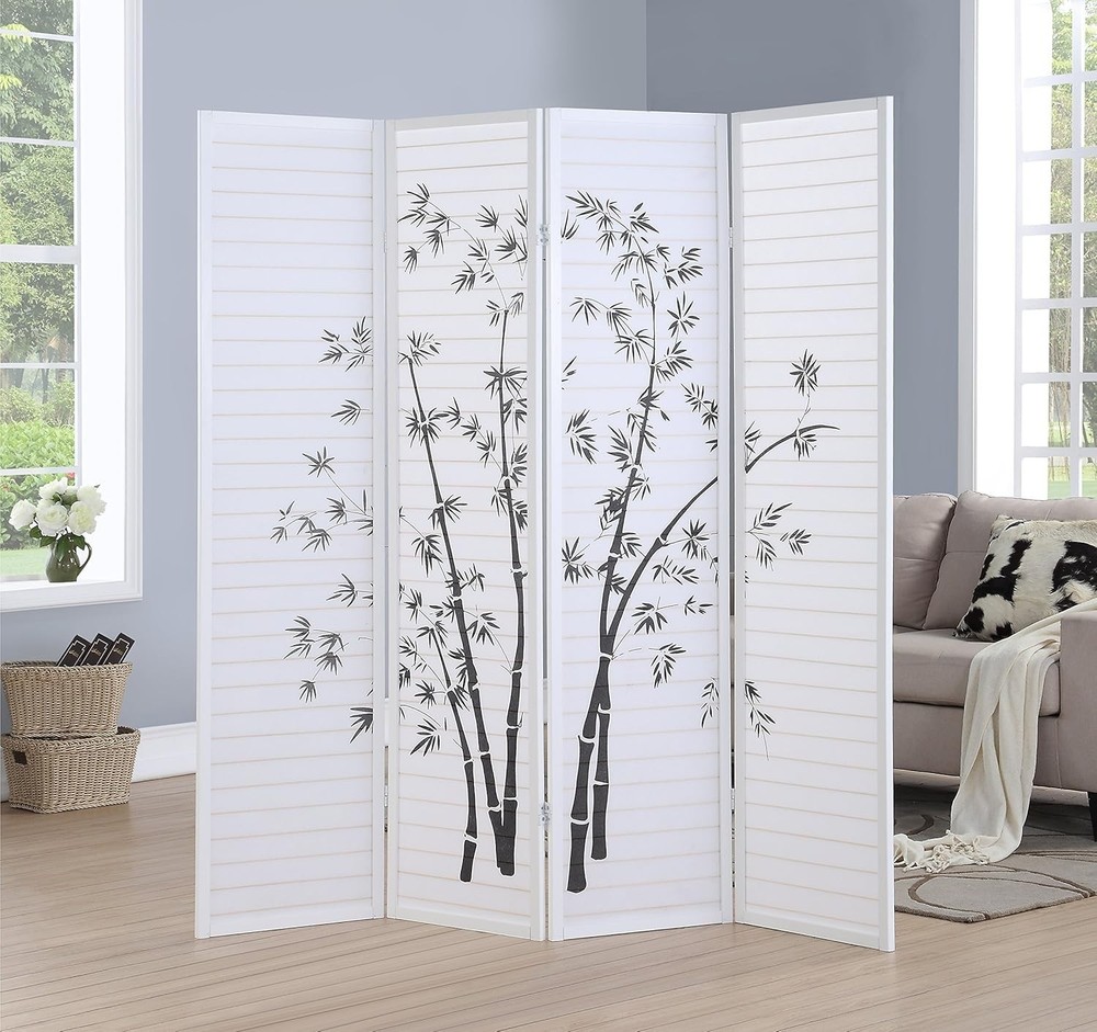 Bamboo Print 4-Panel Framed Room Screen/Divider Privacy Decoration white