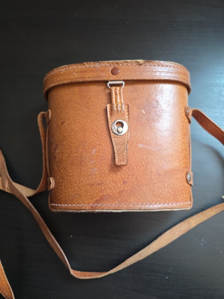 Vintage Brown Leather Binocular Case, Red Lining With Binoculars