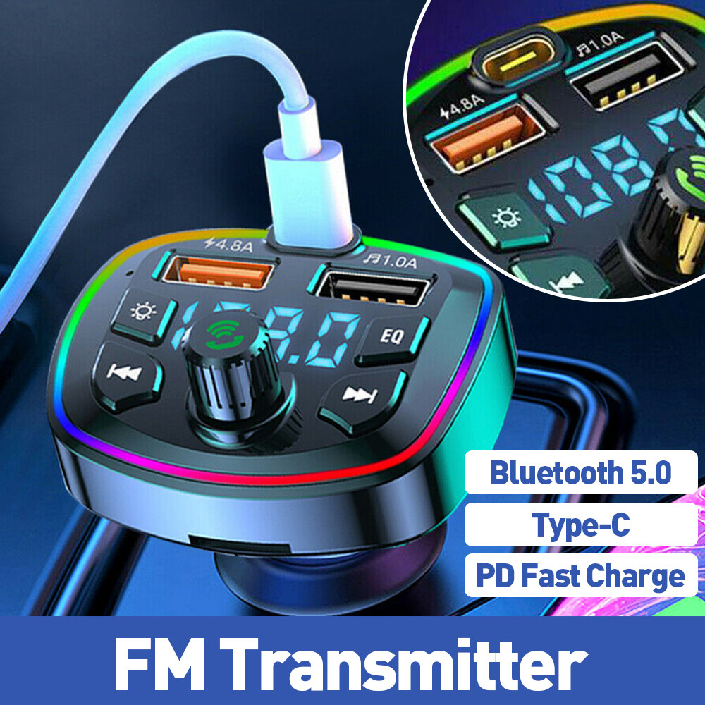 Wireless Bluetooth 5.0 Car Hands-Free FM Transmitter Adapter 2USB PD Charger AUX