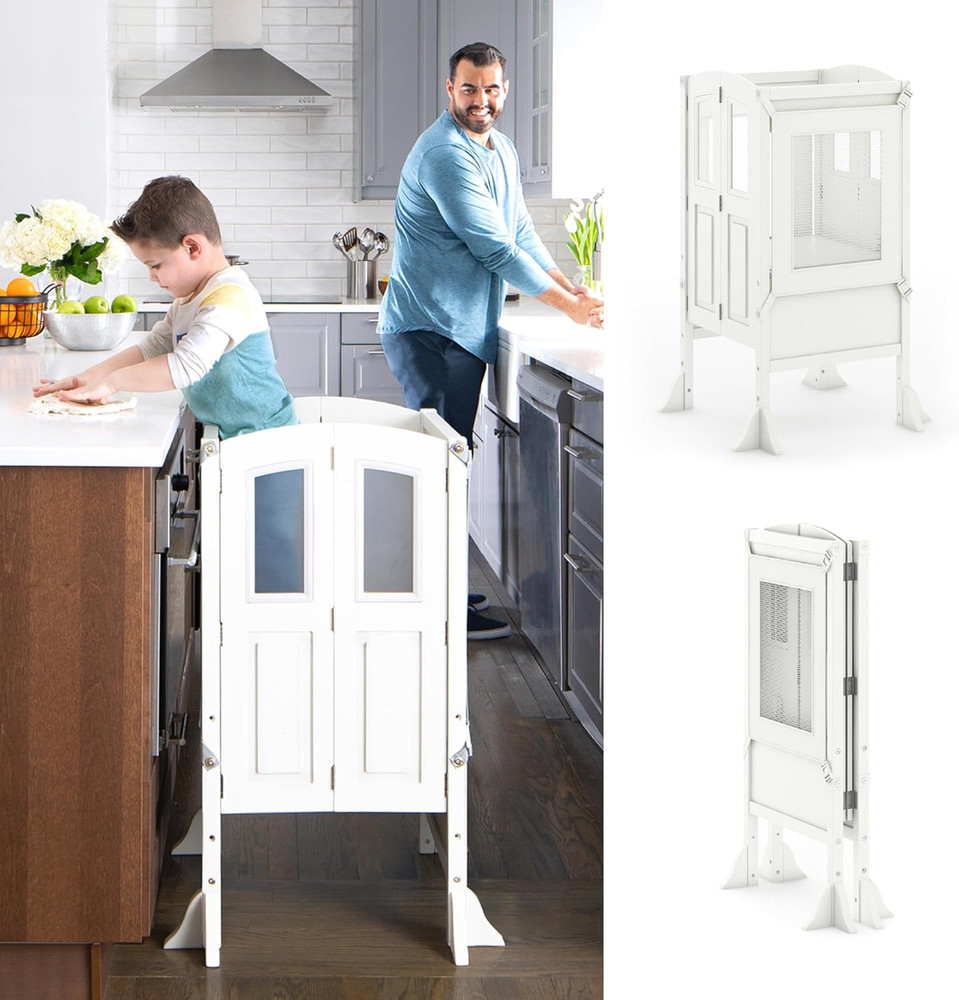 Kitchen Helper Toddler Tower by Guidecraft - Linen White | Foldable Wooden Learn