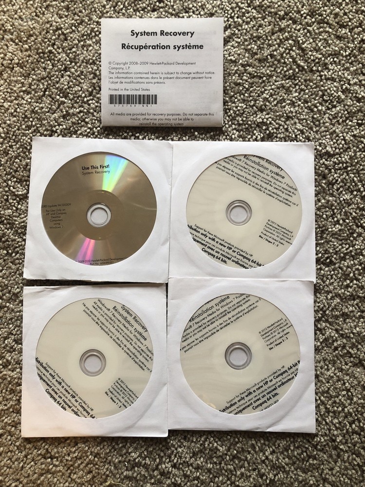 HP Windows 7 System Recovery Discs with Instruction paperwork