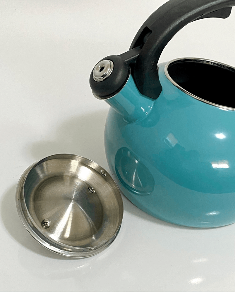 Enamel-on-Steel Whistling Tea Kettle 2.3 Quart Anti-Hot Folding Handle Turquoise
