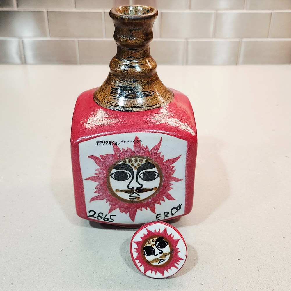 Tequila Mexican Pottery Empty Bottle Mustache Sun Design Signed Numbered