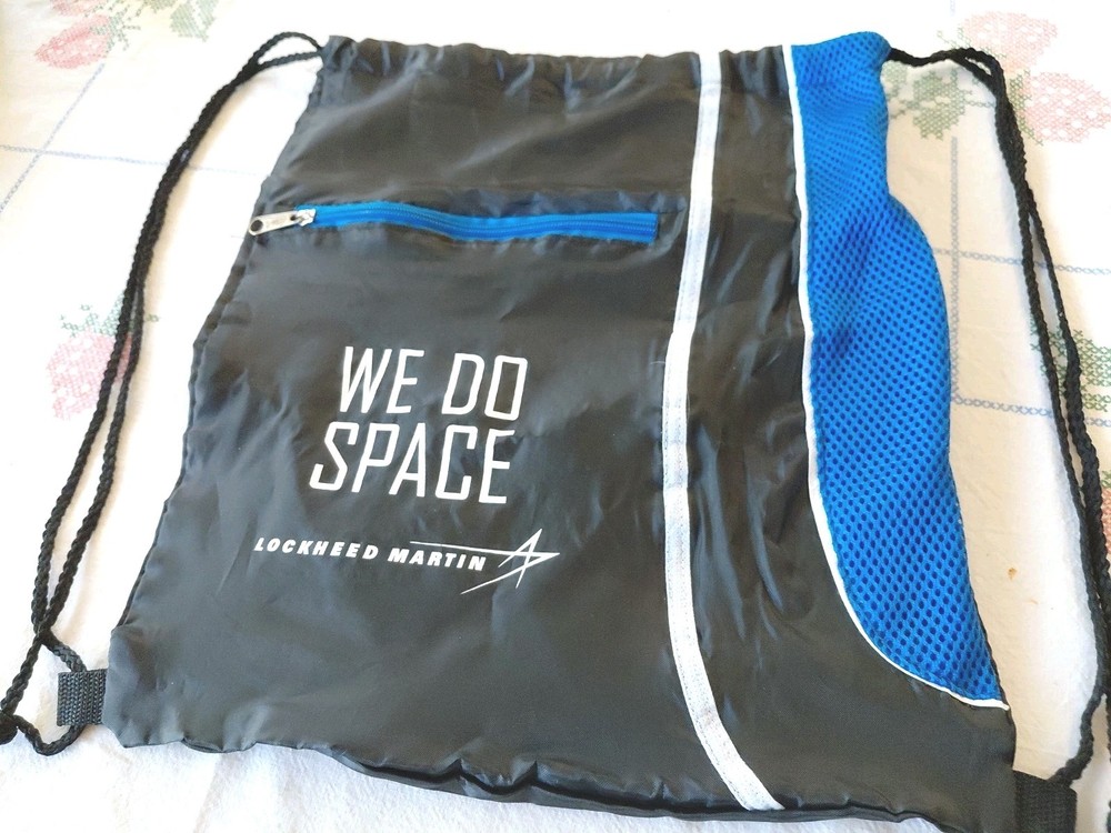 Lockheed Martin Bag Tote Backpack Drawstring Logo Black Zipper Front Pocket