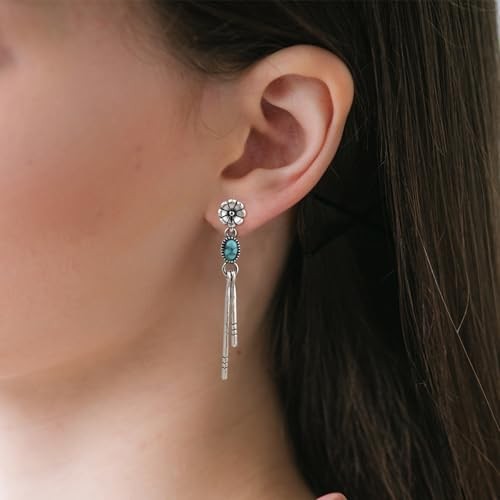 Silver Turquoise Dangle Earrings for Women with Daisy Studs Boho Style Long