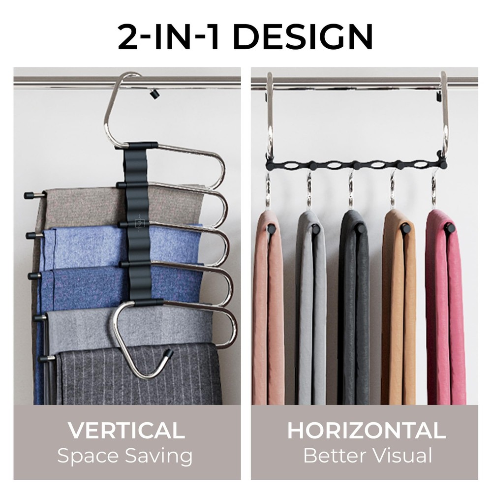 Pants Hangers Space Saving - 2 Pack - Non-Slip Multi-Layer Space Saving Hange...
