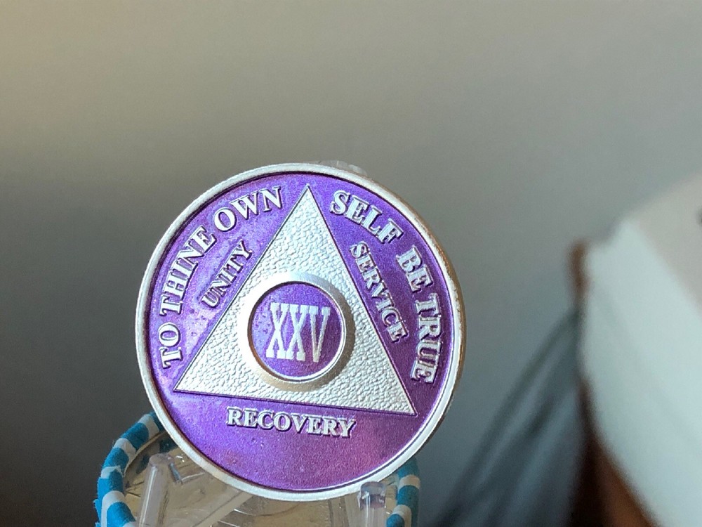 25 Year AA Medallion Purple Silver Plated Sobriety Chip