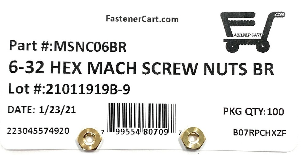 (100) 6-32 Brass Machine Screw Hex Nuts - Solid Brass (100 Pieces) Free Shipping