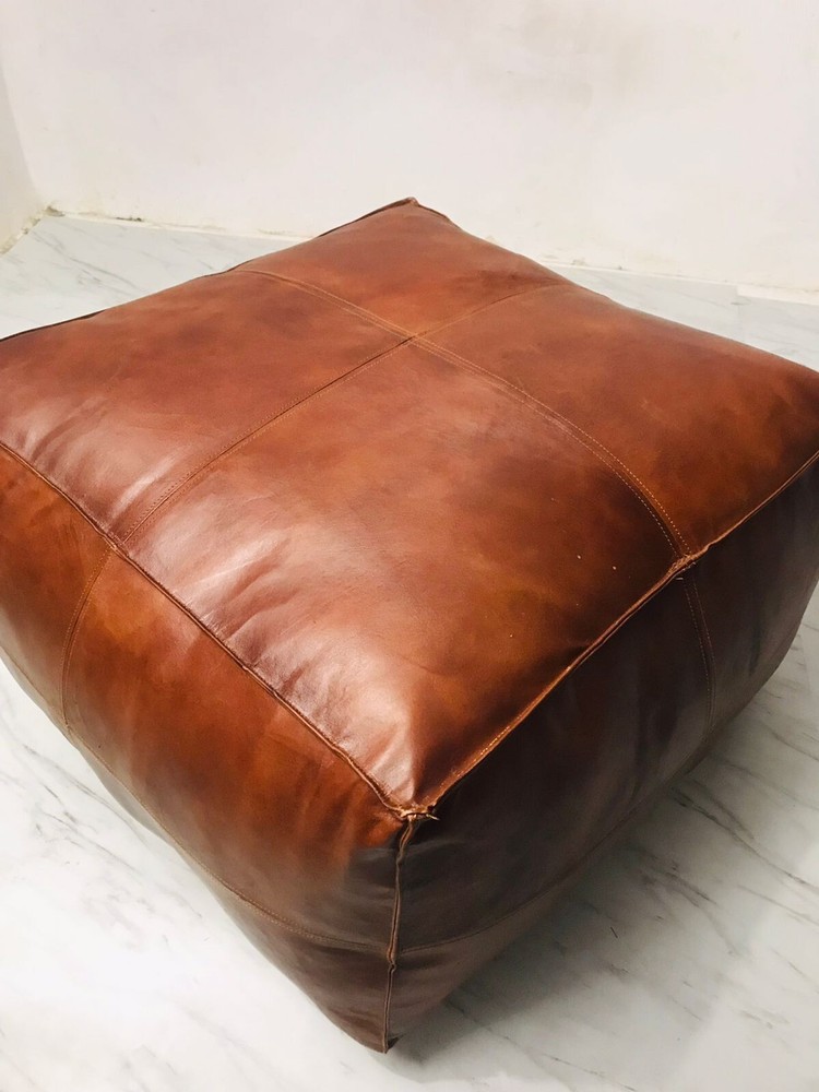 Moroccan Pouf Leather Square Light Ottoman Genuine Brown Pouffe Handmade